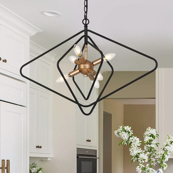 Modern Geometric 6 Light Black Gold Chandelier Sputnik Large Pendant Light Fixture for Kitchen Dining Room 28.3 19.7