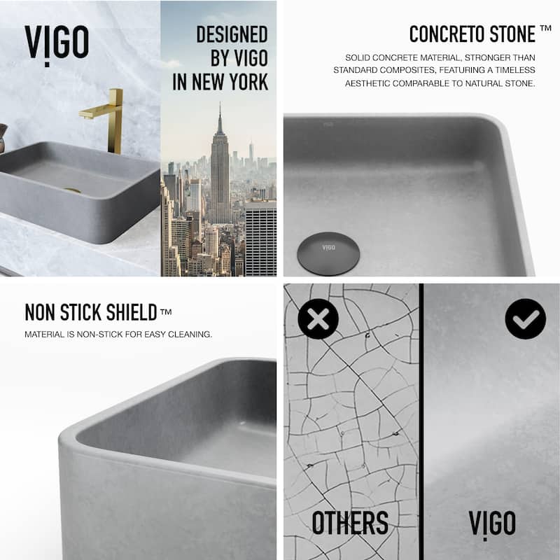 VIGO Segovia 16"L x 12"W x 4"H Concreto Stone Rectangular Bathroom Vessel Sink