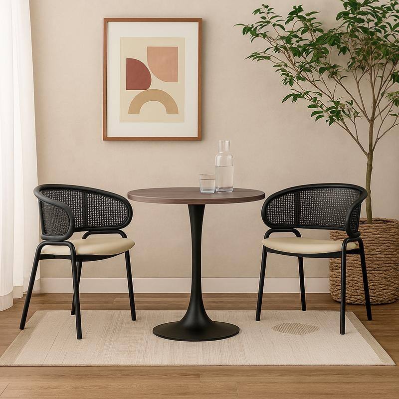 Bristol Mid-Century Modern Round Dining Table for 4 with MDF Top and Sleek Black Iron Base for Kitchen & Dining Room