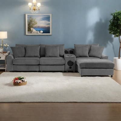 114" Corduroy L-Shaped Smart Sectional Sofa with Bluetooth Speakers, Charging Console and Cup Holders & Storage Ottoman