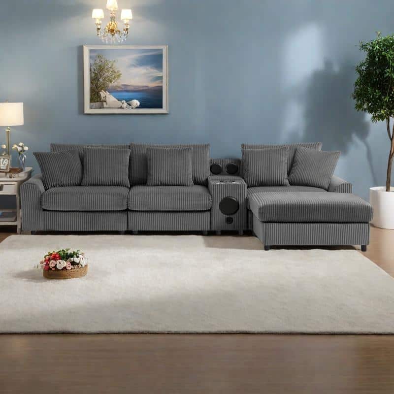 114" Corduroy L-Shaped Smart Sectional Sofa with Bluetooth Speakers, Charging Console and Cup Holders & Storage Ottoman