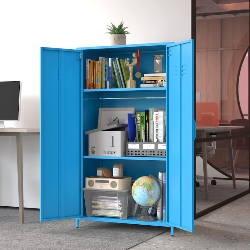 Double Doors Metal Locker Cabinet Storage with Hanging Rod and Shelves for Bedroom School Classroom