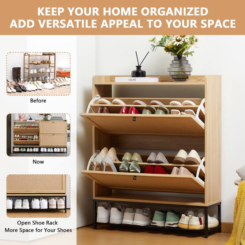 Free-standing Two-tier Flip-out Drawer Wooden Shoe Storage