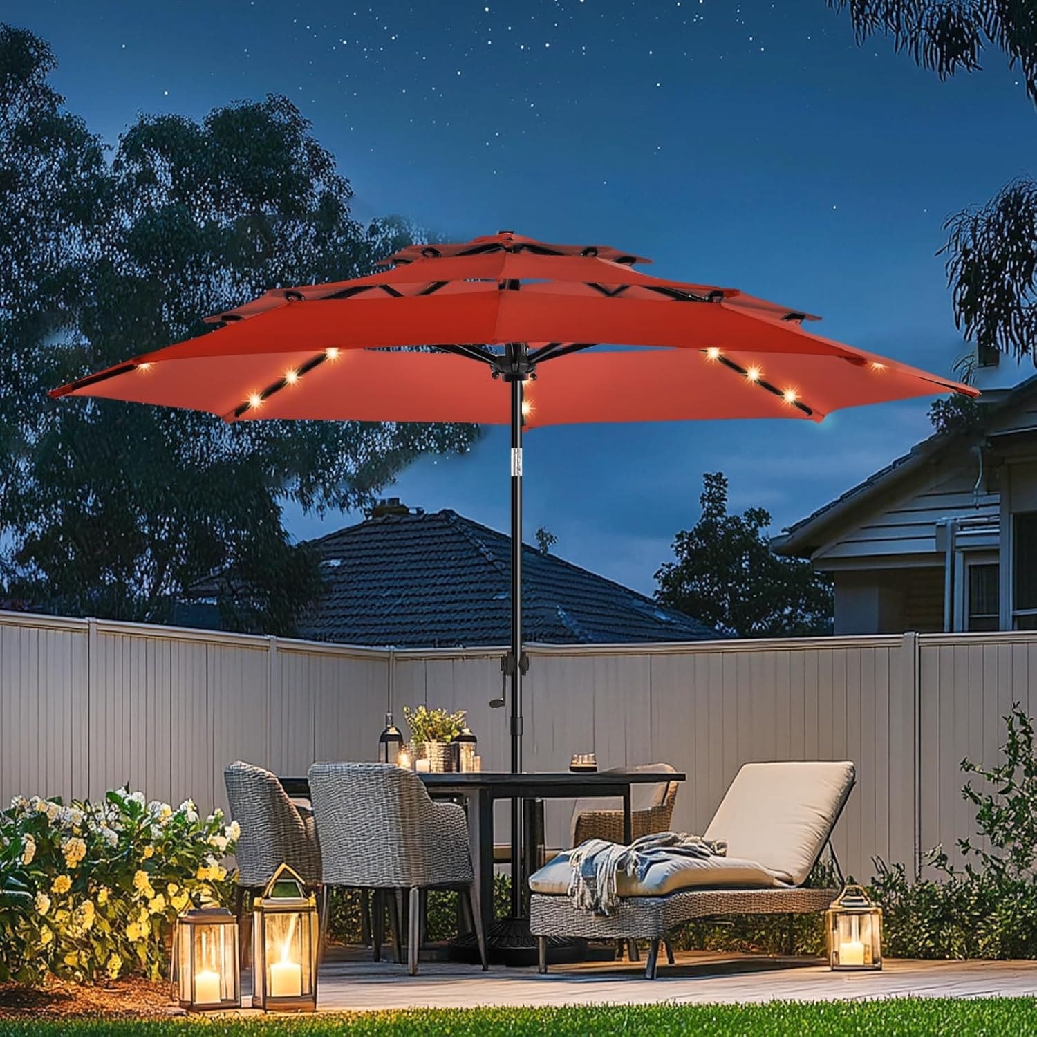 3-Tier Solar LED Patio Umbrella with Tilt, Crank, and 32 Lights for Outdoor Use