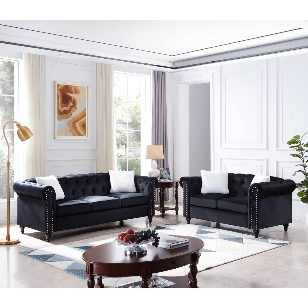 Velvet Button-Tufted Living Room Sofa Set with Copper Nail Trim, Including Sofa and Loveseat
