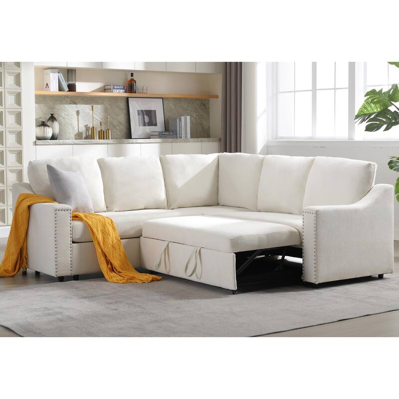 Beige 81.5'' L-Shaped 5 Seater Sectional Sofa with Pull-Out Bed and 6 Pillows, Multifunctional Corner Couch for Living Room