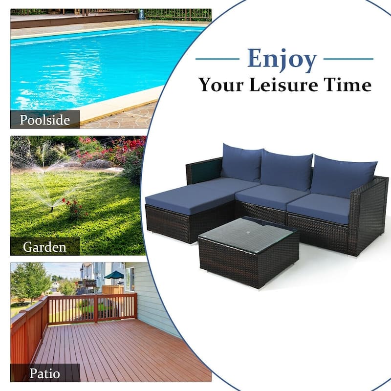 5Pcs Patio Rattan Furniture Set with Coffee Table - 29" x 29" x 23.5" (L x W x H)