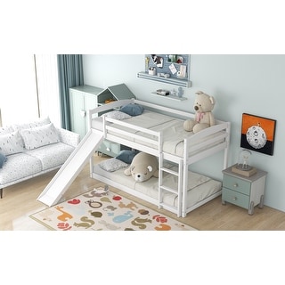 Low Floor Kids Bunkbeds, White Twin over Twin with Ladder, Slide