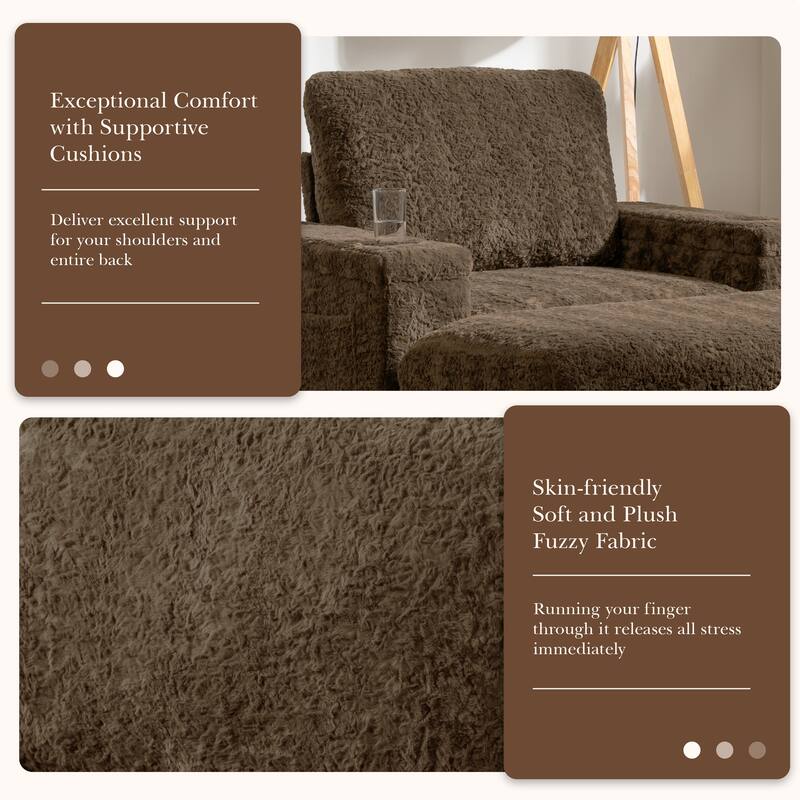 42" Oversized Chaise Lounge Indoor,Faux Rabbit Fur Sofa Bed with Storage Ottoman and Armrests