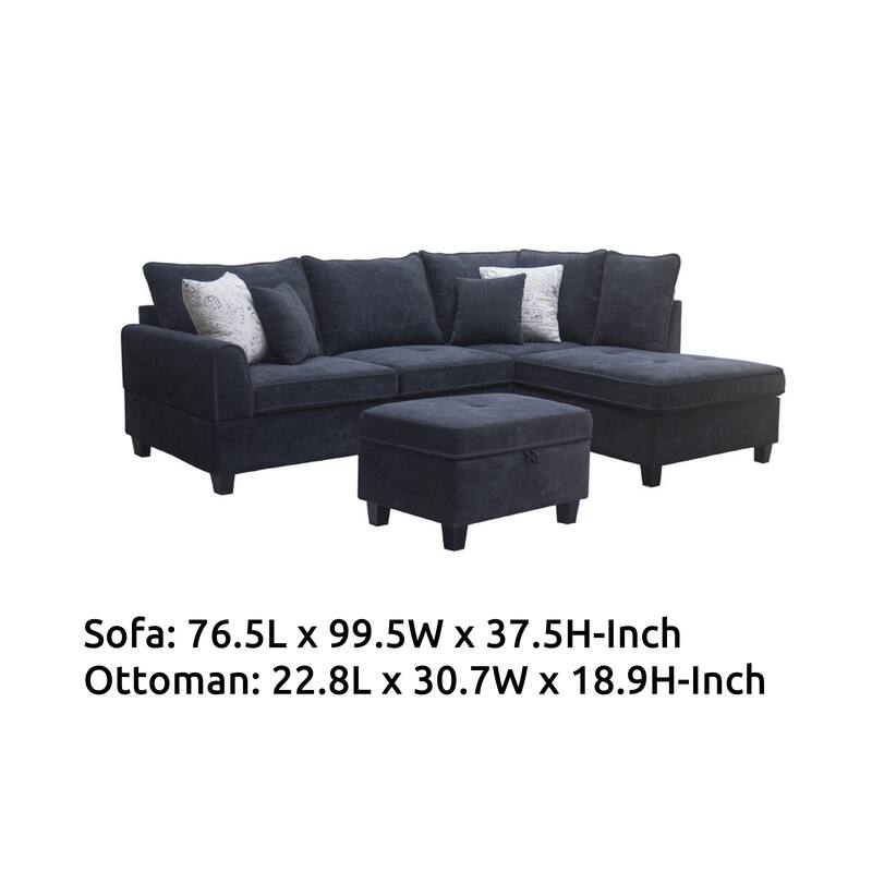 Kyna Sectional Sofa, 4 Pillows, Left Chaise, Storage Ottoman, Black