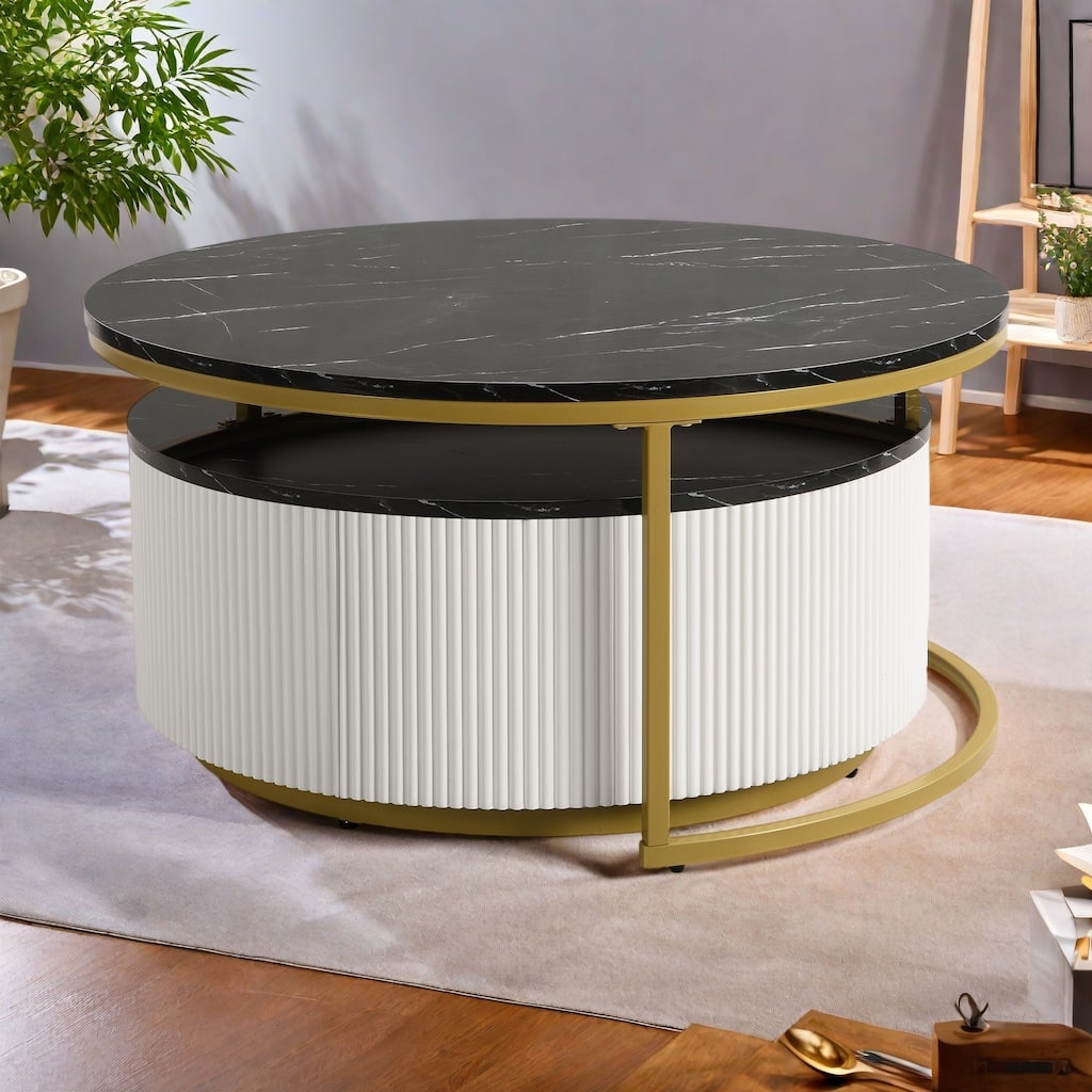 27.5" MDF Nesting Modern Coffee Table with Fluted Design and Drawer