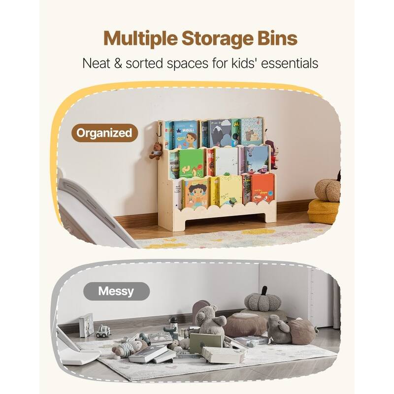 Natural Wood Kids Montessori Bookshelf with 3 Compartments and Side Hooks for Toys and Supplies - 29.53 x 10.63 x 27.56 in
