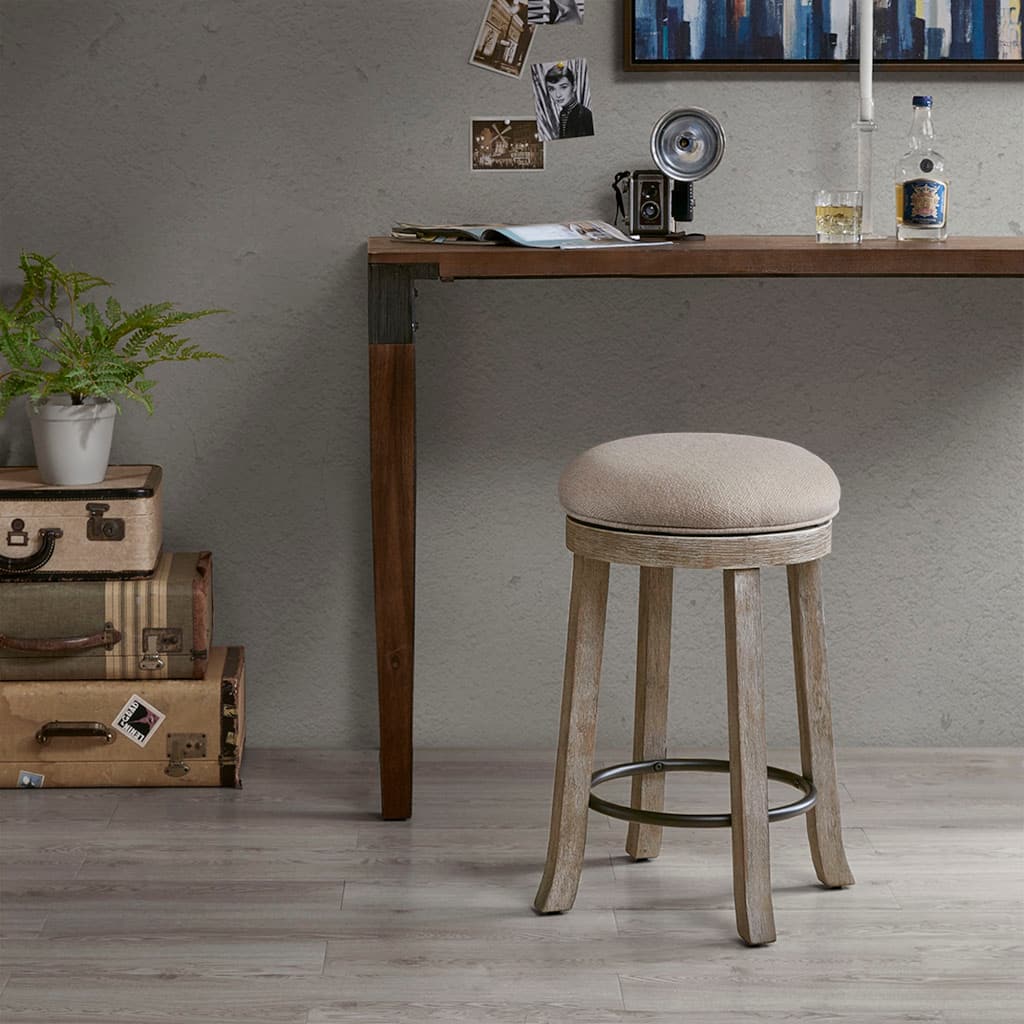 Roomfitters 25-Inch Swivel Counter Stool, Upholstered Round Seat with Distressed Aged Oak Frame, Cream & Reclaimed Gray