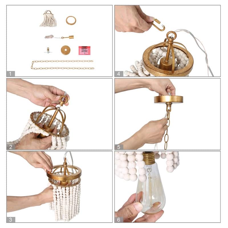 Alisar Mid-century Modern Mini Boho Kitchen Island Pendant with Distressed White Wood Beads