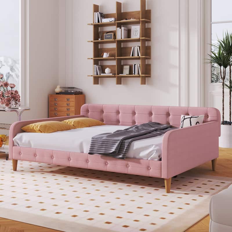 Full Size Linen Daybed with Upholstered Sofa Bed and 4 Support Legs (600lbs Capacity)