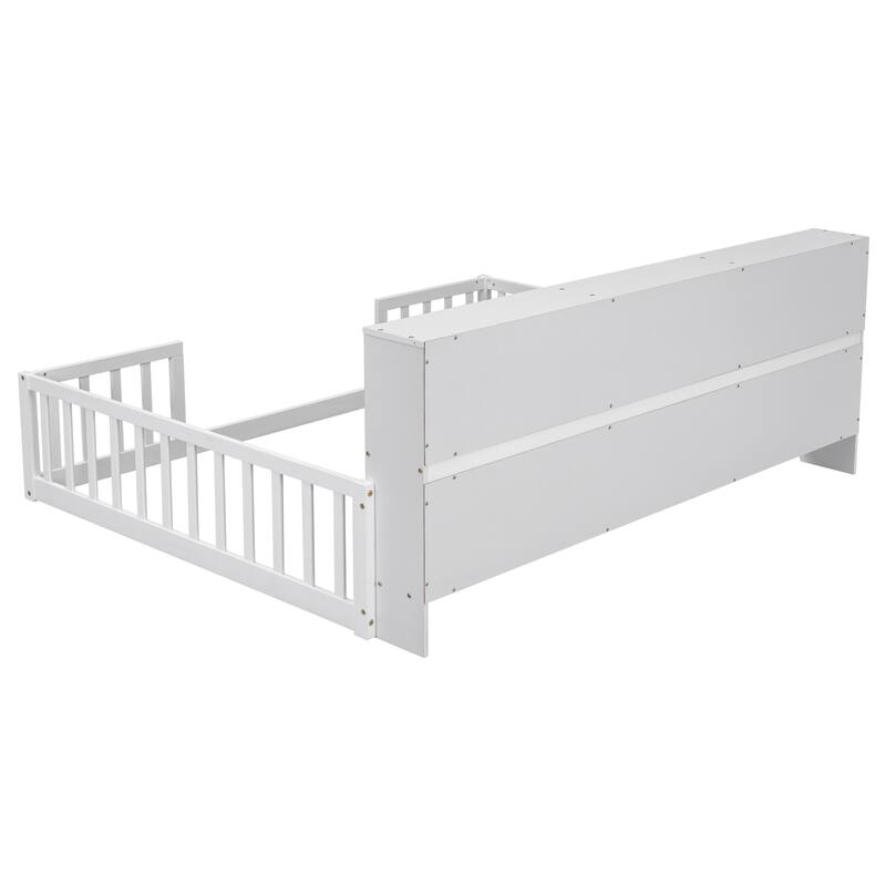 Full Size Floor Bed with Built-in Bookcase, Shelves, and Guardrails in White