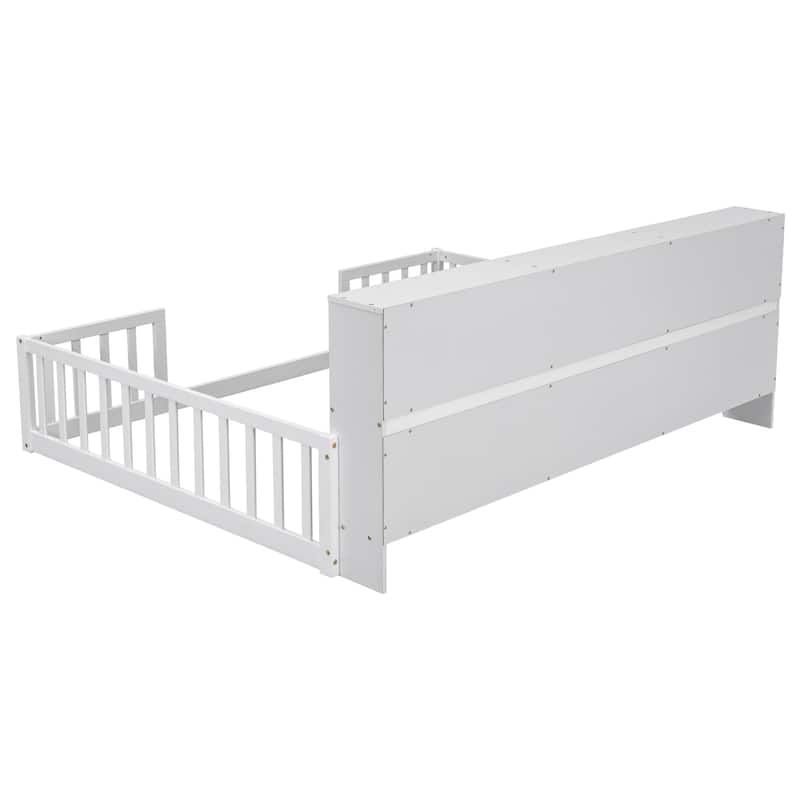 White Full Size Pine Wood Floor Bed with Bookcase and Guardrails