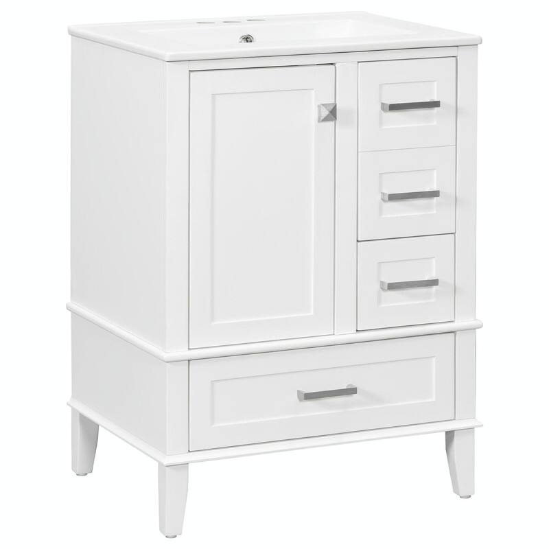 24.8" Bathroom Vanity with Ceramic Sink, Modern Freestanding Cabinet with Soft-Close Door and 3 Storage Drawers