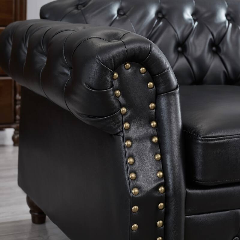 Chesterfield Sofa Classic Tufted Technical Leather Lounge Couch with Hidden Storage, Nailhead Trim and Pillows, for Living Room