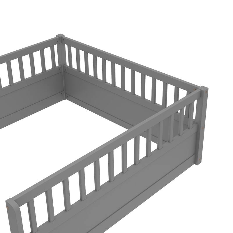 Solid Wood Floor Bed Frame without Slats, Montessori Kids Floor Beds with Full Length Fence, No Box Spring Needed