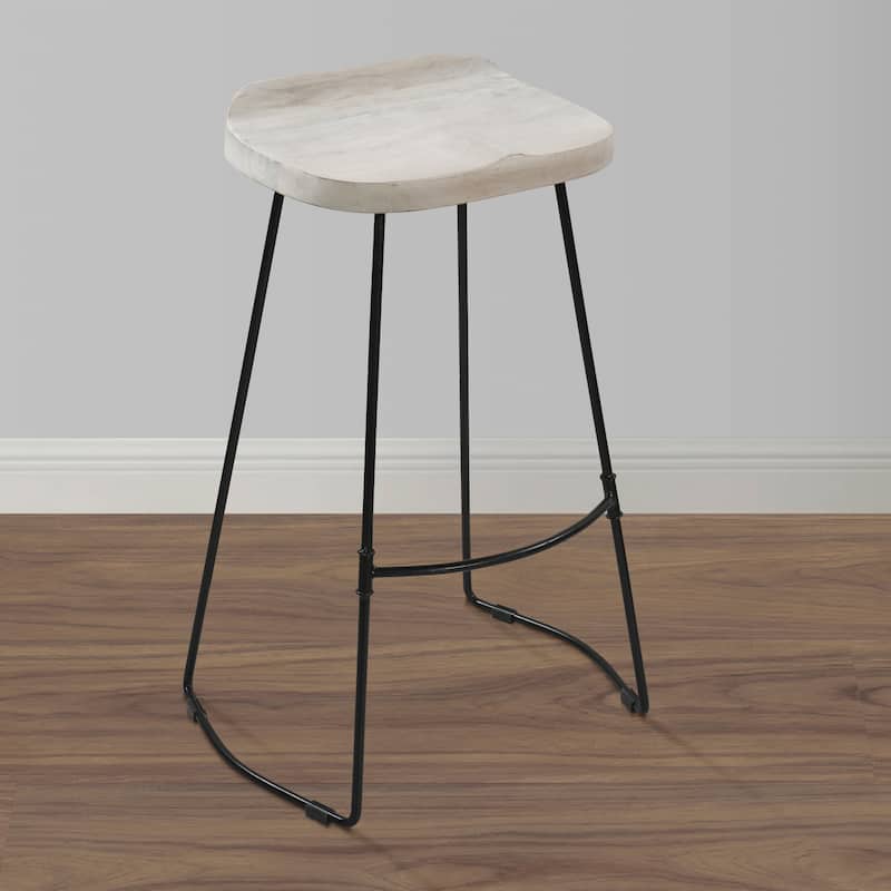 Tiva 30 Inch Handcrafted Backless Barstool, Whitewashed Mango Wood Saddle Seat, Black Metal Base