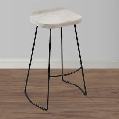 Tiva 30 Inch Handcrafted Backless Barstool, Whitewashed Mango Wood Saddle Seat, Black Metal Base