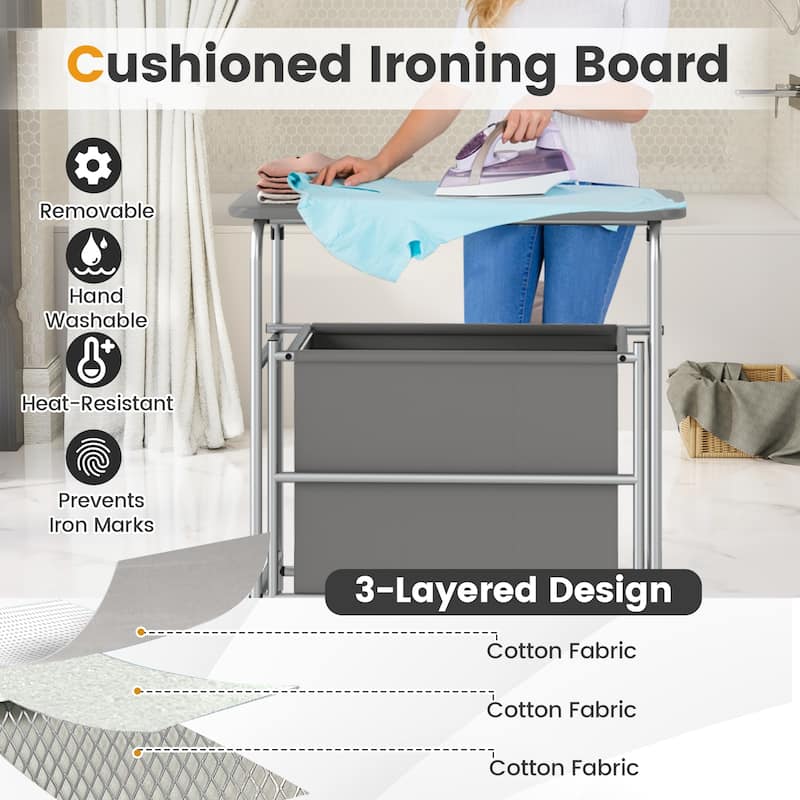 Grey 3 Section Rolling Laundry Hamper with Metal Frame and Ironing Board Lockable Wheels - 34" x 18.5" x 33"
