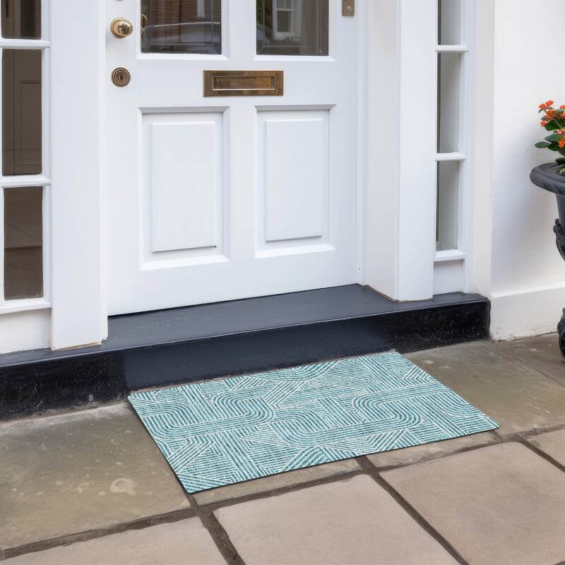 Machine Washable Indoor/ Outdoor Chantille Contemporary Geo Rug - Teal - 1'8" x 2'6"