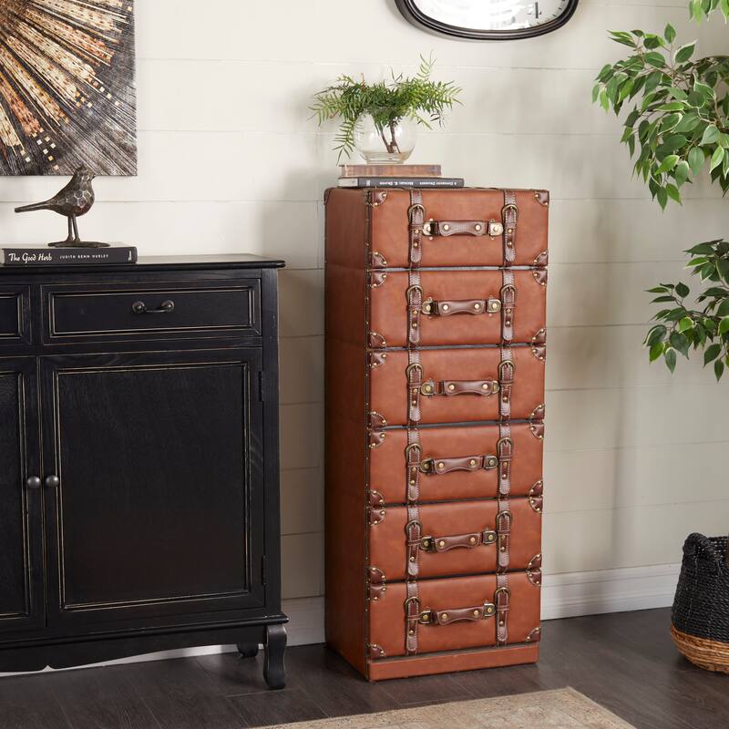 Wooden Faux Leather 5 or 6 Drawers Chest with Buckle and Strap Detailing - Brown - Roche River Decor