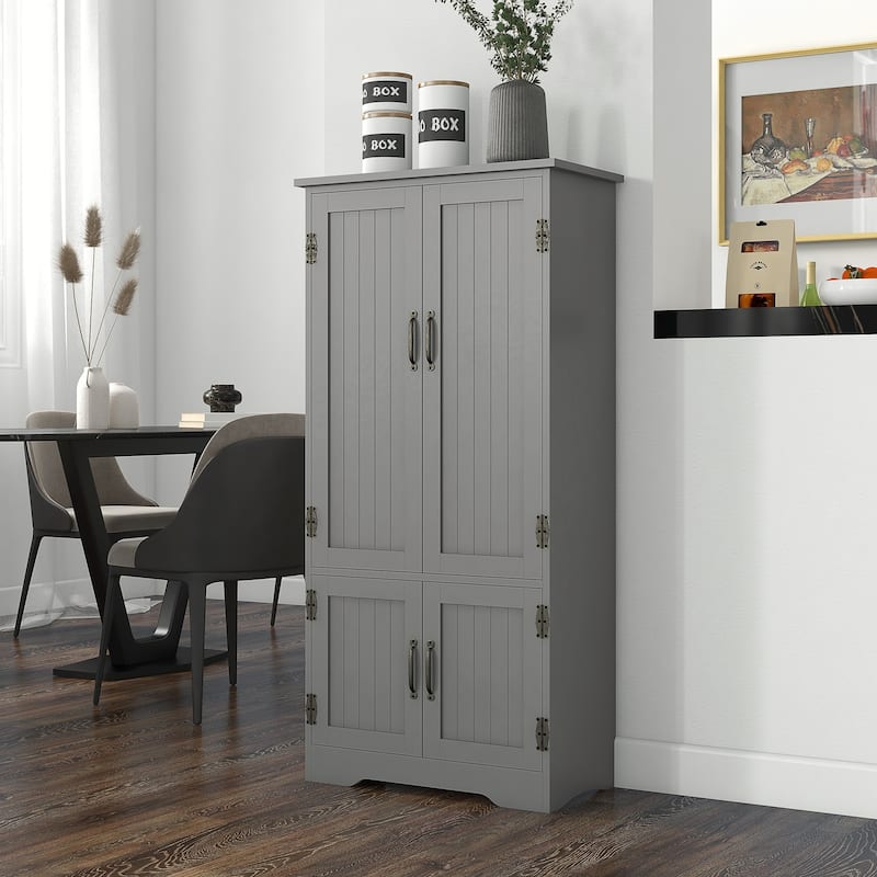 48.5" Kitchen Pantry Cabinet, Compact Farmhouse Storage Cabinet Organizer with 2 Adjustable Shelves and 4 Beadboard Doors