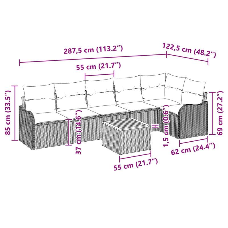 vidaXL 7 Piece Garden Sofa Set with Cushions - 113.2×48.2×27.2