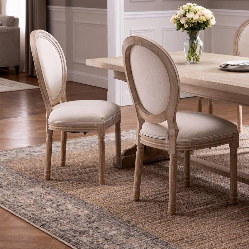 French Style Solid Wood Frame Linen Fabric Oval Back Dining Chair (Set of 2)