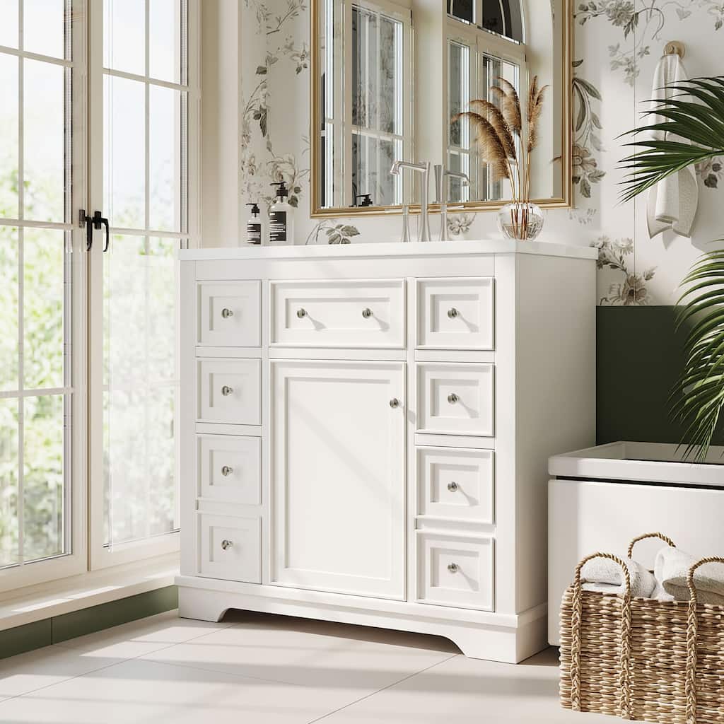 GDFStudio - Avalon 36-Inch Bathroom Vanity with Sink Combo, One Cabinet and Six Drawers, Solid Wood & MDF Board, Painted Finish