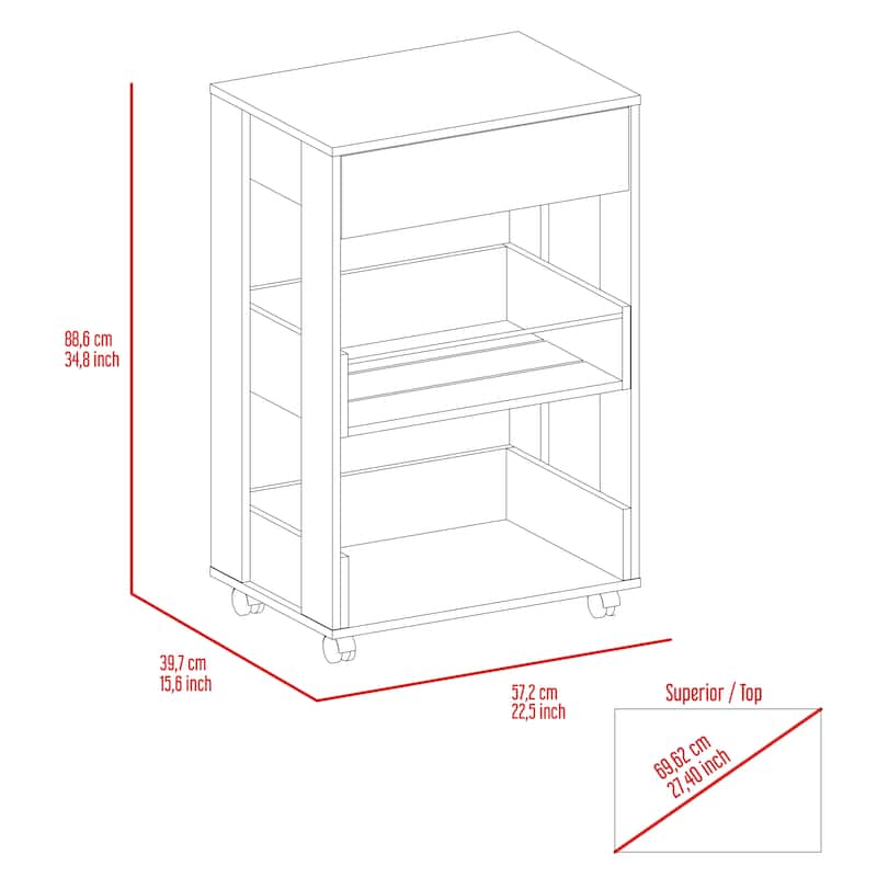 Verona Kitchen Cart, Three Shelves, Four Casters -White / Dark Walnut