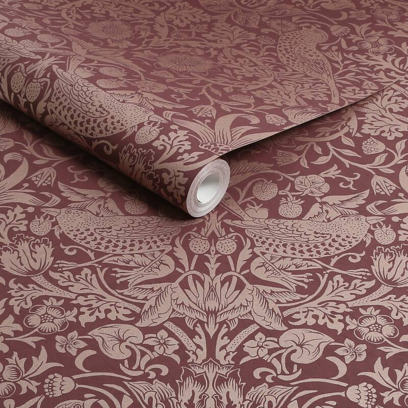 William Morris Strawberry Thief Fibrous Burgundy Wallpaper
