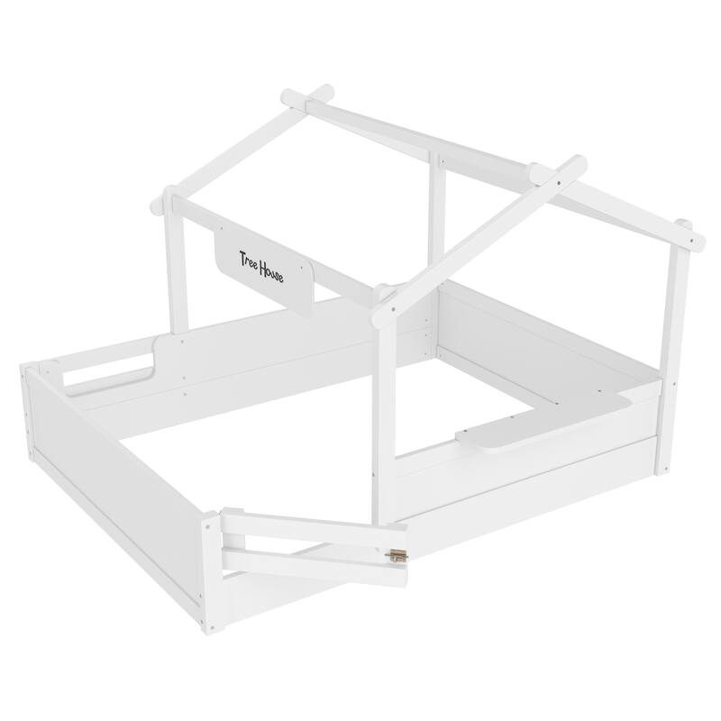 Roomfitters House Floor Bed with Guardrails and Roof, Solid Wood Frame with Tray and Signboard