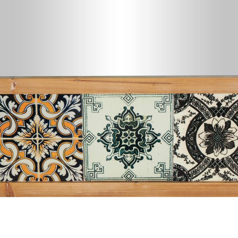 Brown Wood Floral Room Wall Mirror with Patterned Mosaic Tile Edge