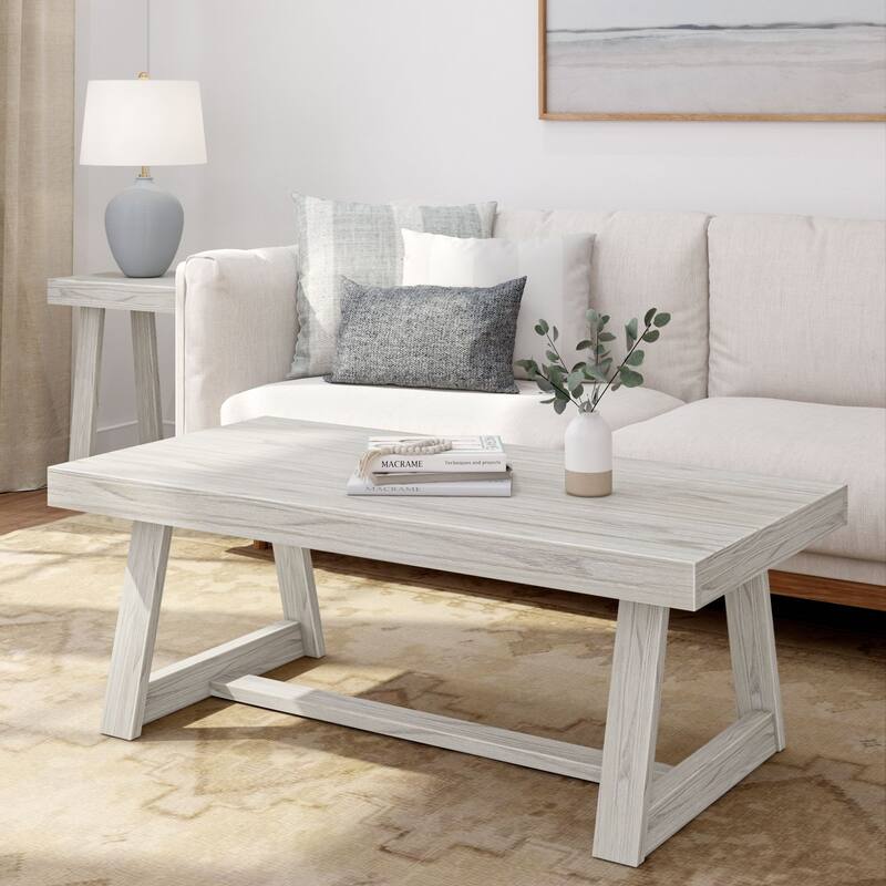 Plank and Beam Classic Rectangular Trestle Leg Coffee Table - 48" - Coastal White Wirebrush