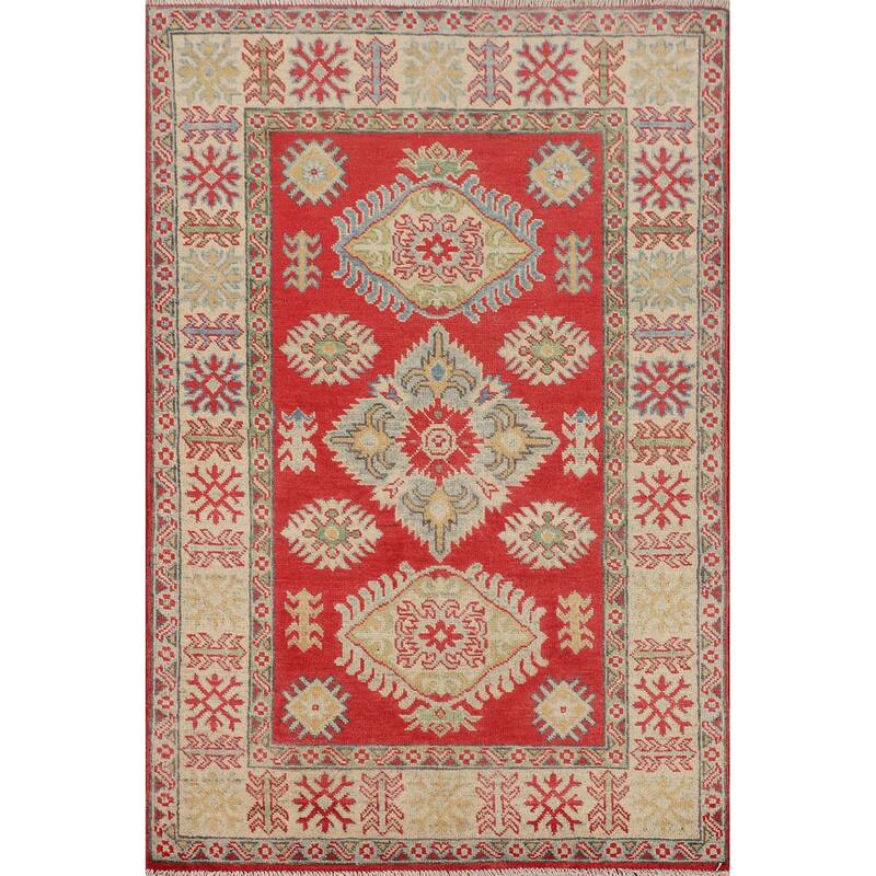 Geometric Red Kazak Oriental Accent Rug Handmade Wool Carpet - 3'3" x 5'0"