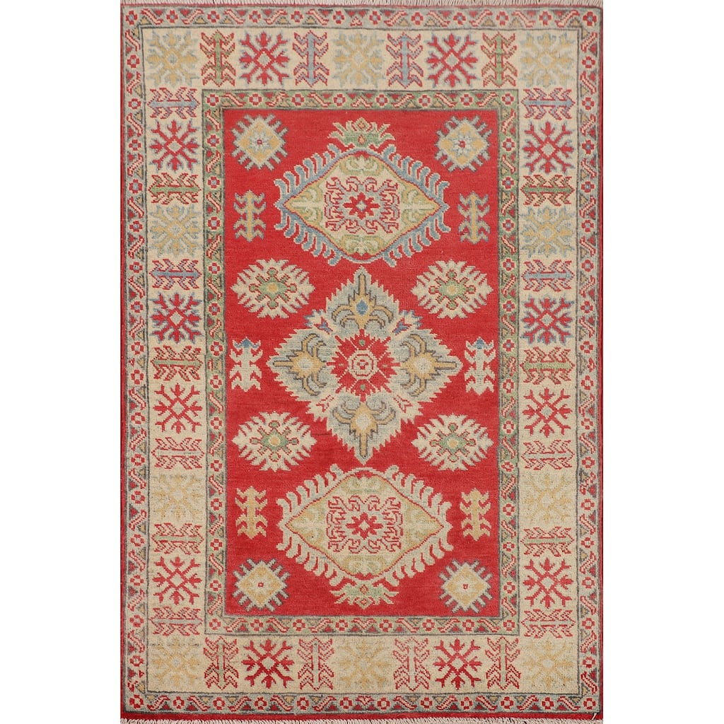 Geometric Red Kazak Oriental Accent Rug Handmade Wool Carpet - 3'3" x 5'0"
