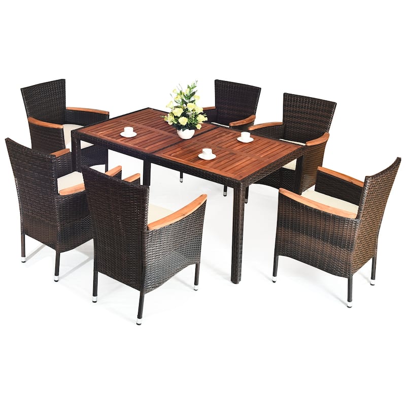 Costway 7PCS Patio Rattan Dining Set 6 Stackable Chairs Cushioned