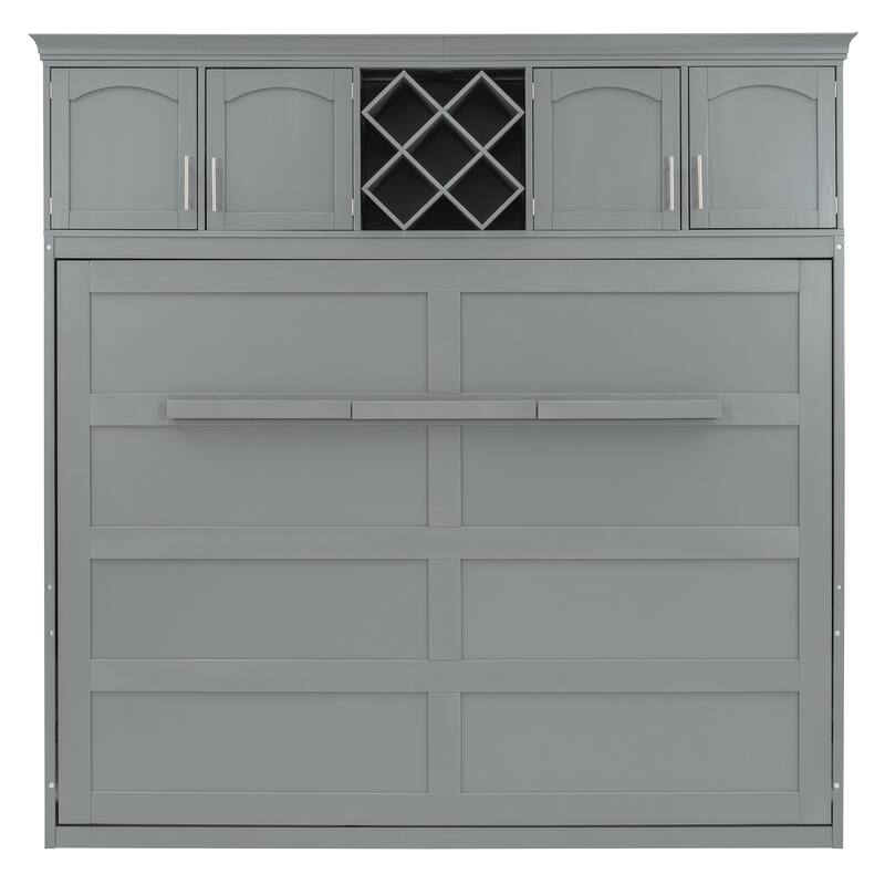 Queen Size Murphy Wall Bed with Top Cabinets & Wine Rack, Space-Saving Foldable Bed