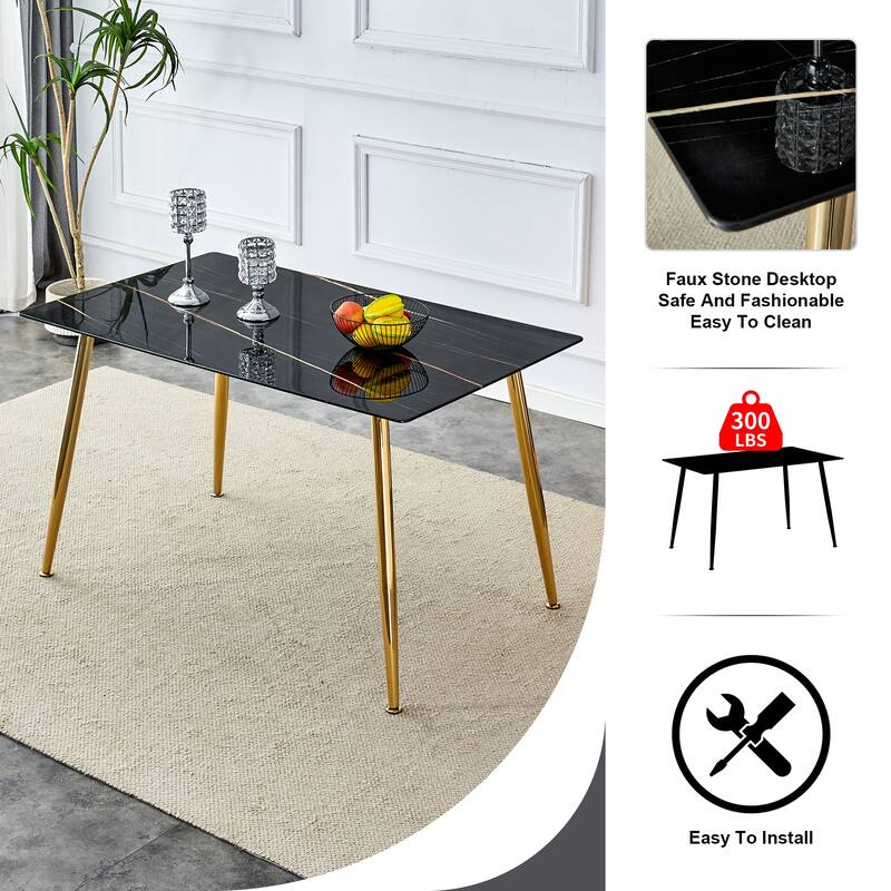 51" Tempered Glass Dining Table, Rectangular Living Room Table with Faux marble Tabletop and Metal Legs and Non-Slip Feet