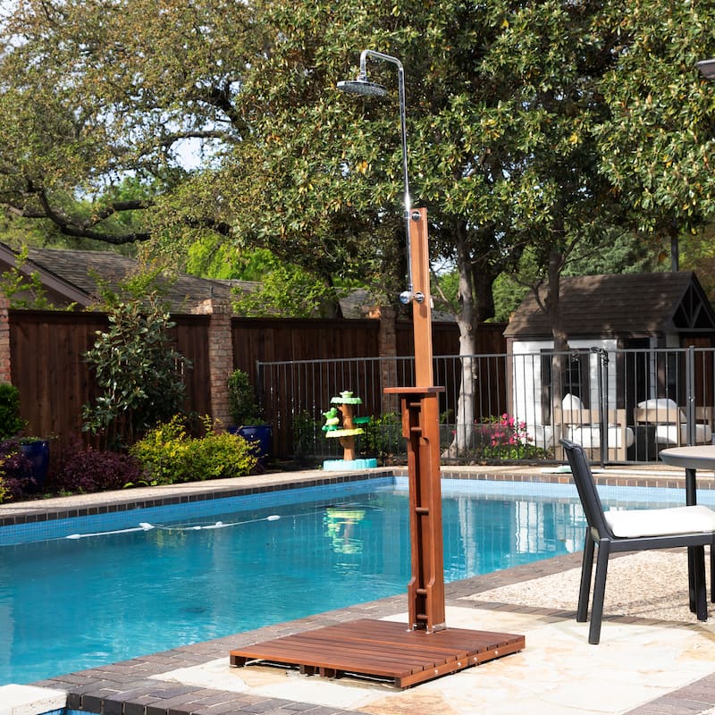 SEI Furniture Parson Oiled Eucalyptus Freestanding Outdoor Shower with Slatted Wood Base and Soap Dish