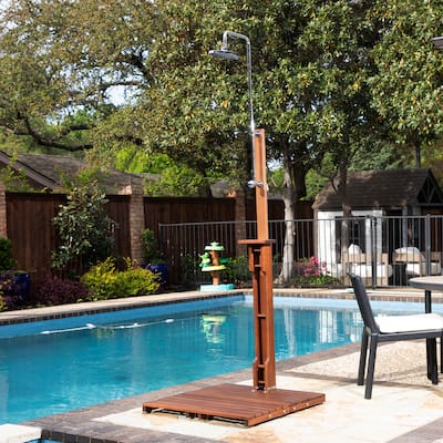 SEI Furniture Parson Oiled Eucalyptus Freestanding Outdoor Shower with Slatted Wood Base and Soap Dish