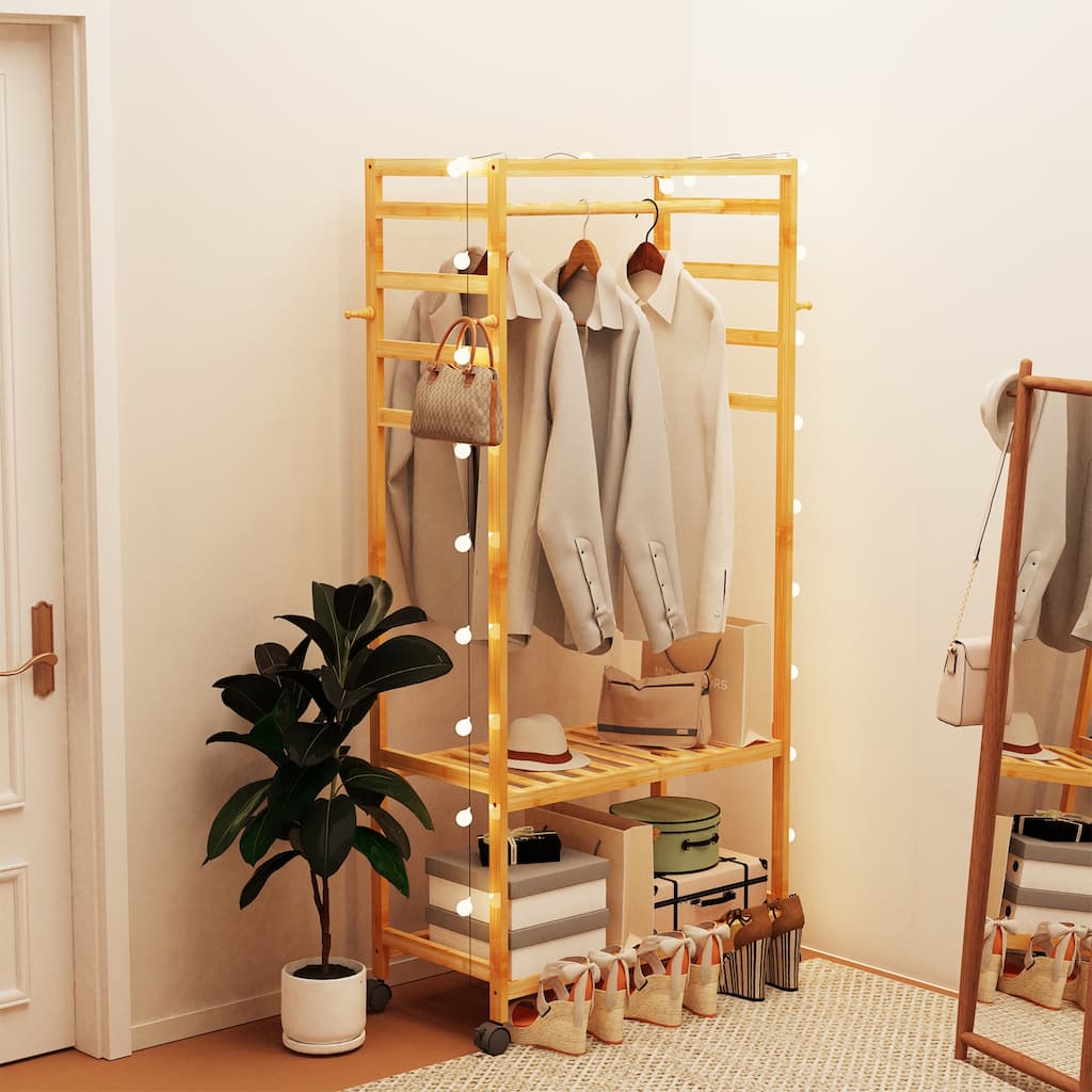 Bamboo Rolling Clothes Rack with Storage Shelves and Hanging Rod - W 30.9" x D 15.75" x H 66.34"