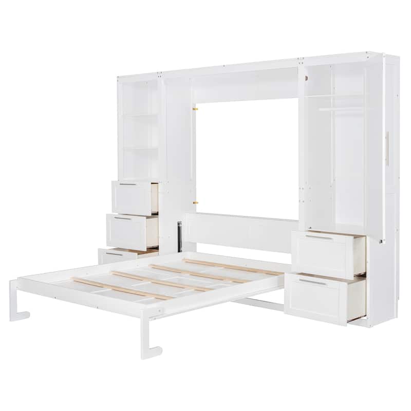 Queen Size Murphy Wall Bed with Built-In Closet, Drawers, and Shelves, Space-Saving Design