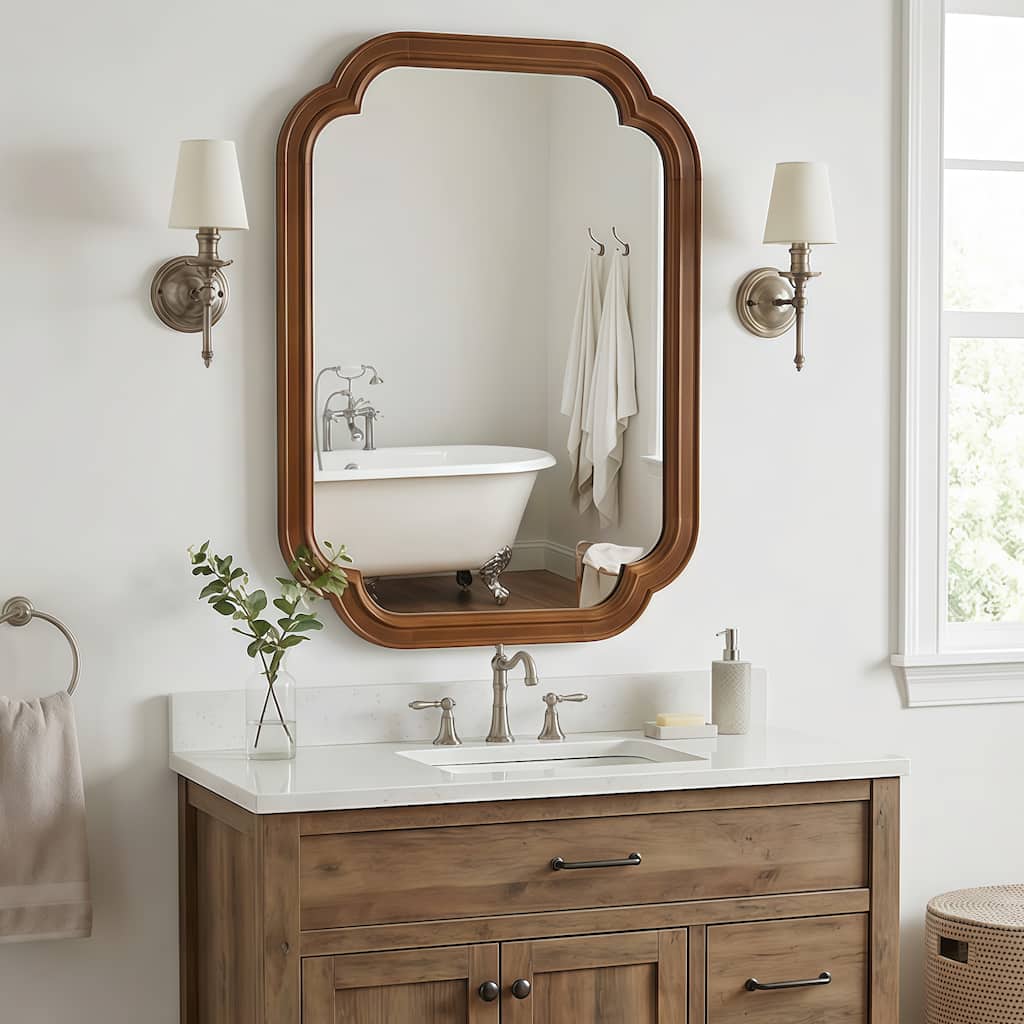 Black Walnut Color 24" x 36" Solid Wood Frame Rounded Corner Decorative Mirror, For Bedroom, Bathroom, Living Room, Entryway