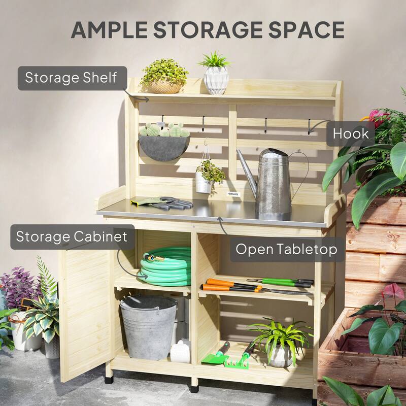 Outsunny Wooden Potting Bench, Outdoor Potting Table with Storage Cabinet, Storage Shelves, Aluminum Table Top