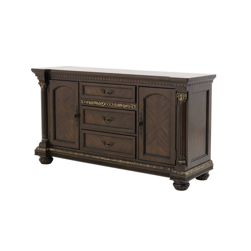 Hilton 66 Inch Buffet Console, 3 Drawers, 2 Cabinets, Cherry Brown and Gold
